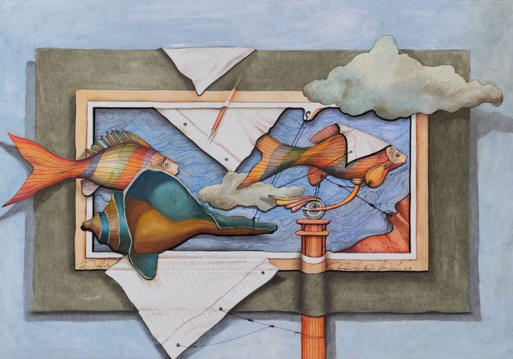 Cuadro surrealista con unos peces y unas nubes