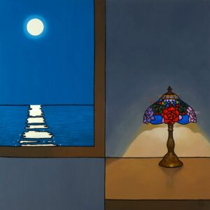 Cuadro con la vista de una habitación con una lámpara y por la ventana el mar de noche con la luna reflejada