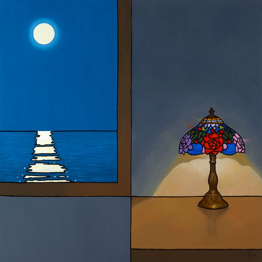 Cuadro con la vista de una habitación con una lámpara y por la ventana el mar de noche con la luna reflejada