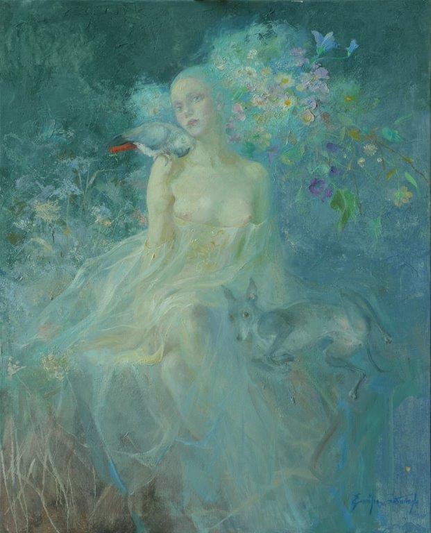 Cuadro en azules de una mujer en un jardín con un loro y un perro