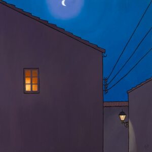 Cuadro con una escena de un pueblo de noche, con luz que sale de una ventana de una casa